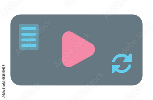 A graphic design featuring a play button, a refresh icon, and a horizontal list.
