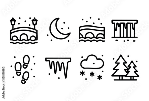 A set of eight line icons depicting winter scenes: a bridge at night, a crescent moon, snow falling, icicles, footprints in the snow, a snow cloud, and pine trees. The style is simple, bold, and minim