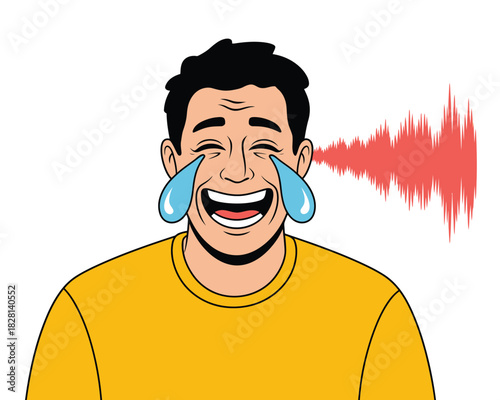Man laughs so hard tears stream and sound waves emanate from his ear.