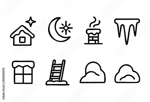 Set of eight hand-drawn winter icons: snow-covered house, moon and star, smoking chimney, icicles, snow-covered window, ladder, and two snowdrifts. Line art style, black outlines on white background. 