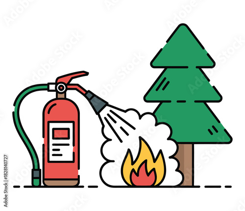 A fire extinguisher sprays water onto a small fire next to a green tree.