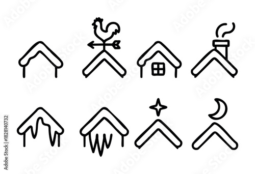 A set of eight simple line art icons depicting various types of roofs, including those with snow, a weathervane, a chimney, and celestial elements. Perfect for web design, app interfaces, or illustrat