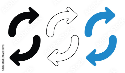 Three curved arrows arranged in a circular direction in black white and blue on transparent background