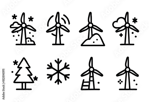 A set of nine simple line icons depicting wind turbines in various winter weather conditions, along with accompanying winter-themed elements such as snowflakes and a pine tree. The style is clean, bol