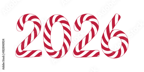 The year 2026 is depicted with candy cane stripes against a white background.