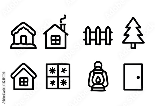 Collection of eight hand-drawn line icons depicting winter house elements: snowy house, house with chimney, fence, fir tree, house with window, window with snowflakes, oil lamp, and door. Perfect for 