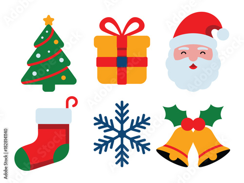 A collection of Christmas icons including a tree, gift, Santa, stocking, snowflake, and bells.