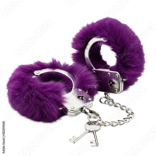 Luxurious deep purple faux fur handcuffs with sharp chrome chains and keys, macro close-up product shot on a white void background, high contrast intimate allure