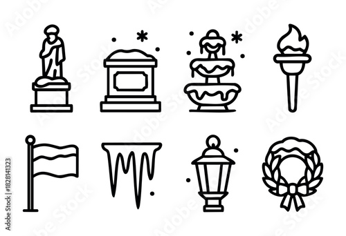 Set of eight winter-themed line icons, including a statue, snow-covered pedestal, frozen fountain, torch, flag, icicles, lantern, and a laurel wreath. Perfect for winter holidays, city themes, or seas