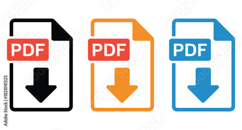 Three pdf download icons in black orange and blue on a white background on transparent background