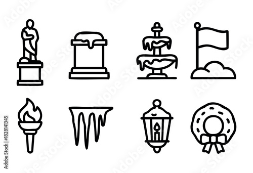 A set of eight hand-drawn line icons depicting winter-themed objects, including a statue, pedestal, frozen fountain, flag, torch, icicles, lantern, and a wreath. The style is simple and bold, ideal fo