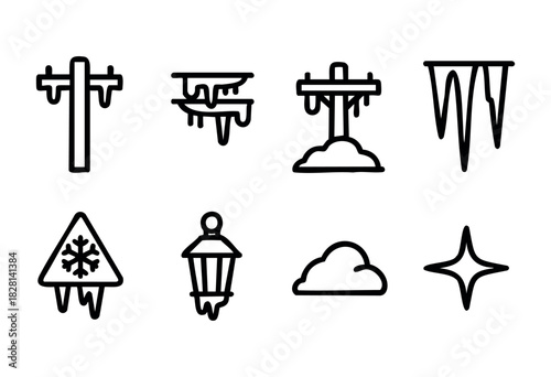 A set of eight hand-drawn line art icons depicting winter weather phenomena and related objects, such as icicles hanging from various structures, a snowflake warning sign, a lantern, and a cloud. The 