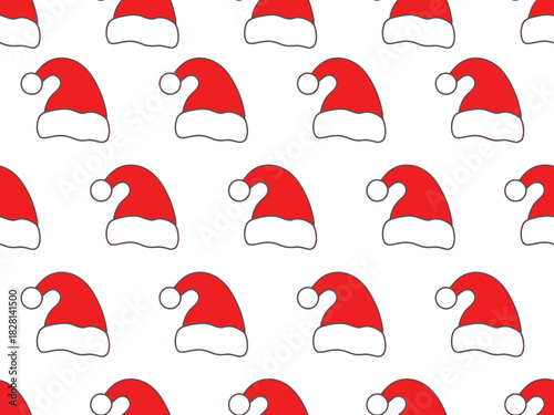 A repeating pattern of red Santa hats with white trim and pom-poms.