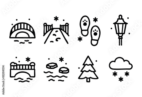 A set of eight winter-themed line icons, including bridges, footprints, a street lamp, ice floes, a fir tree, and a snowy cloud. The icons are simple, bold, and perfect for winter-related projects.