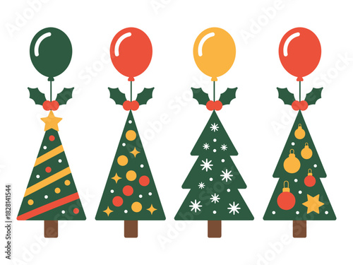 Four stylized Christmas trees are decorated with balloons and holly leaves.