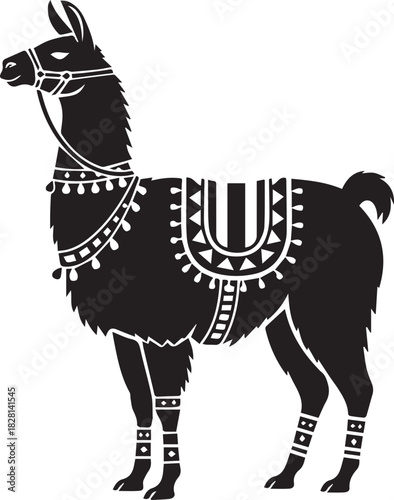Black and white illustration of a llama adorned with decorative saddle and bridle