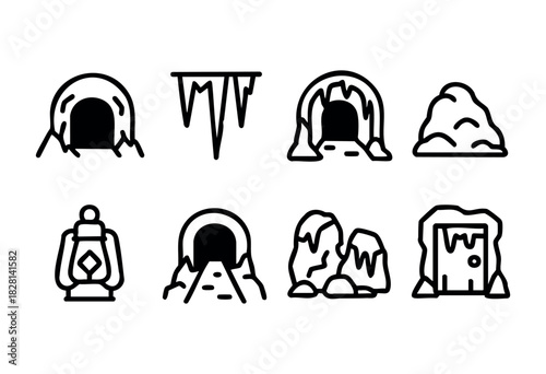 A set of eight line art icons depicting various cave entrances, rock formations, icicles, and a lantern. The style is simple, bold, and black and white, suitable for game design, app interfaces, or il