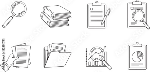 A comprehensive concept collection of business and data analysis icons, essential for office research and documentation management