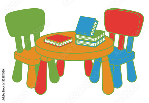 A cartoon illustration of a table with books and two chairs in bright colors on transparent background