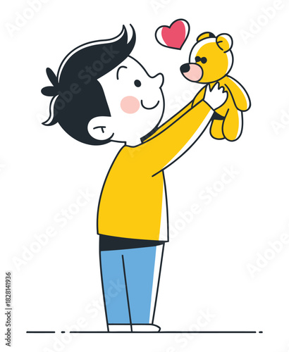 Boy holding yellow teddy bear with heart above it in a cartoon illustration on transparent background