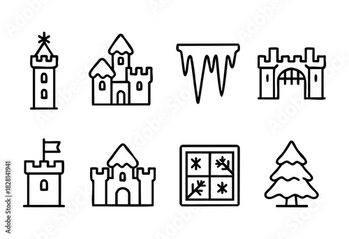 Set of eight line art icons depicting various winter-themed castle elements, including towers, gates, a snowy tree, and icy details. Perfect for winter-themed designs, children's books, or websites.