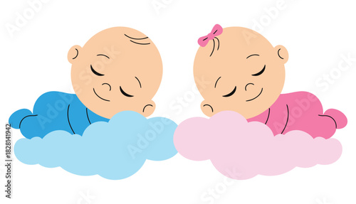 Illustration of twins sleeping on clouds in pink and blue on a white background on transparent background
