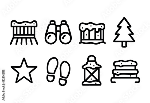 Set of eight hand-drawn line icons related to winter holidays and outdoor activities. Includes icons for a snow-covered fence, binoculars, Christmas tree, footprints, lantern and other winter-themed e