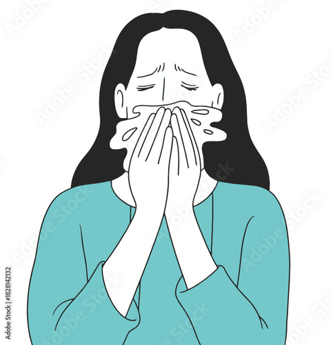 Illustration of a woman with long hair covering face with tissue while crying on transparent background