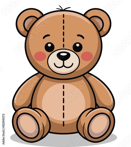 Illustration of a cute brown teddy bear with black eyes and pink cheeks sitting on transparent background