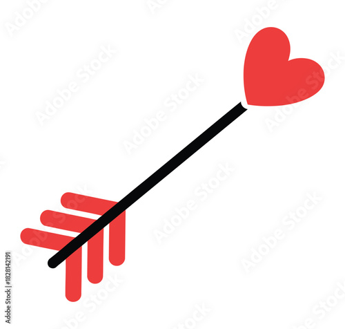Illustration of a red heart shaped arrow with black shaft and red fletching on transparent background