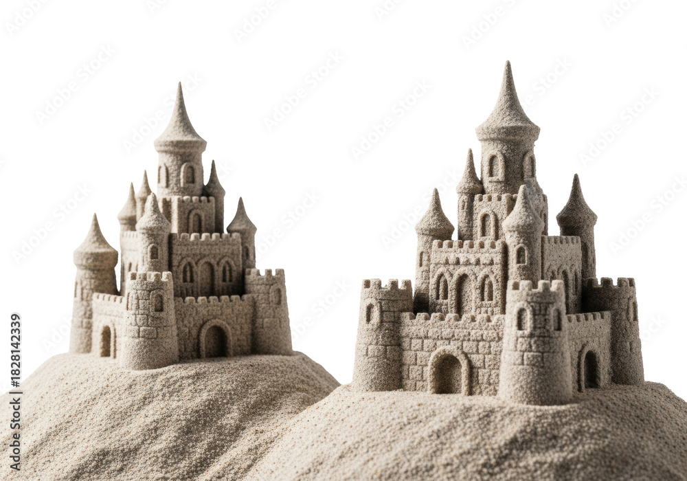 Fototapeta premium Two pristine, intricately detailed sandcastles crafted from light beige sand, isolated on a crisp white studio infinity background with high-key lighting. concept of ephemeral childhood creativity