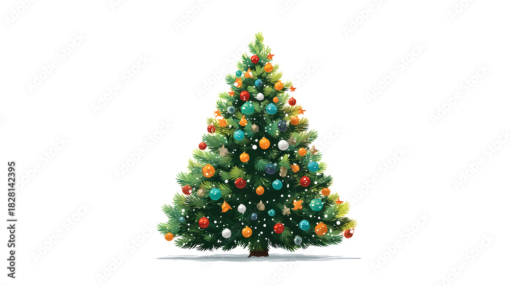 Fototapeta premium Christmas tree, festive element, flat vector design, bright green with colorful baubles, isolated on white background.