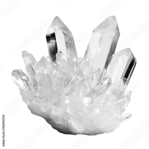 Cluster of clear quartz crystals with sharp facets isolated on transparent background