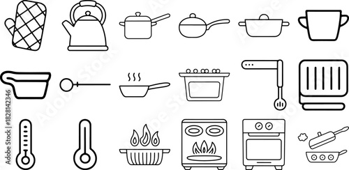hand-drawn kitchen cookware and cooking utensil doodle icon set featuring pots, pans, kettle, thermometer, oven, stove, mitt, ladle, and grilling tools in bold line art