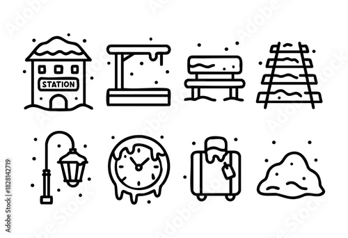 A set of eight line art icons depicting winter travel scenes, including a train station, bench, railway tracks, lamppost, clock, suitcase, and snowdrifts. The style is simple, black and white, with a 