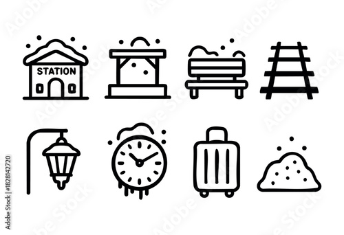 A set of eight simple line icons depicting various elements related to a snowy train station. The style is minimalist and bold, perfect for website or app design.