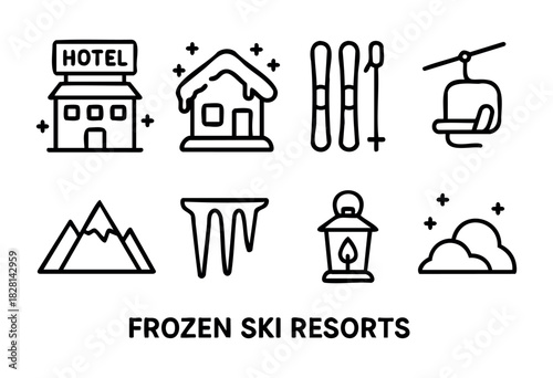 Discover charming hotels and cozy cabins at frozen ski resorts surrounded by majestic mountains, ski lifts, and beautiful snow, perfect for winter adventures.