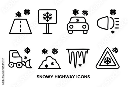 Various simple icons depict snowy highway conditions, including snow-covered roads, a snowplow, car headlights, and caution signs designed for drivers in winter weather.