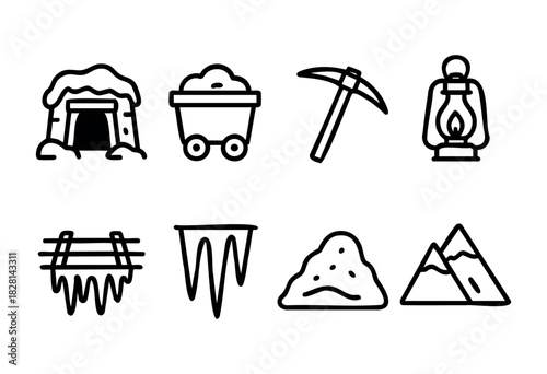 Icons showcase various elements of mining and exploration, including a mine entrance, mining cart, lantern, pickaxe, and mountain landscapes, highlighting key tools and features.