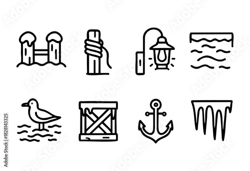 Various line drawings depict coastal features such as a pier, a seabird on water, an anchor, and a lamppost. These icons represent marine lifestyle and scenery.