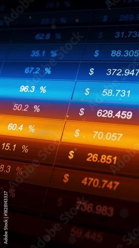 Looping 3D render of trading spreadsheet interface with glowing rows, currency values, percent change and trend icons. Abstract fintech market data for business and economy.