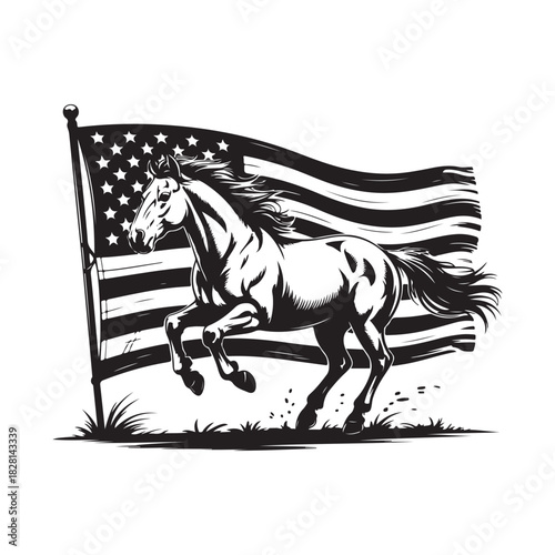Running Horse with American Flag Vector