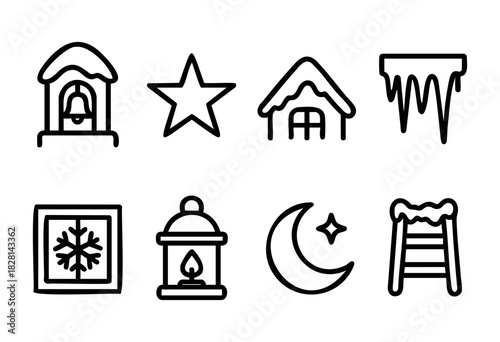 Collection of simple winter icons featuring snow-covered houses, icicles, a lantern, a crescent moon, and snowflakes, perfect for holiday designs and seasonal themes.