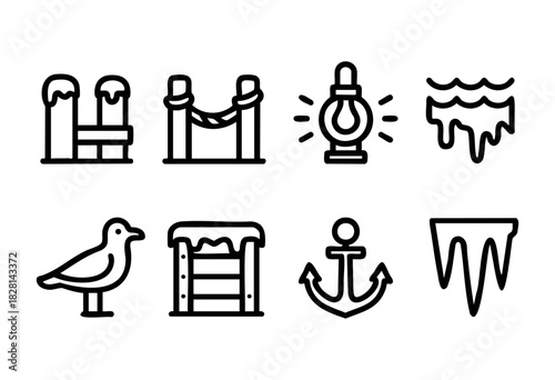 Eight hand-drawn icons showcase winter features like snow, ice, and a seagull, along with maritime symbols such as an anchor and lamp, representing coastal life.