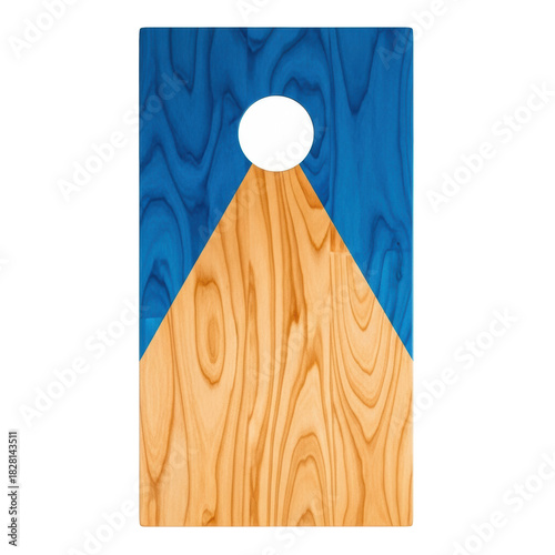 A flat lay photorealistic still life of a regulation wooden cornhole board with polished natural wood grain and vibrant azure blue paint, isolated on a white background. Concept of quality outdoor