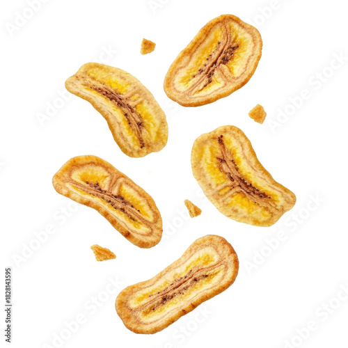 Dried Banana Slices With Sugar Sprinkles Floating On Yellow Background