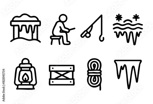 Icons depict elements related to ice fishing and winter activities, showcasing tools like a fishing rod, lantern, and rope, capturing the essence of a cold season outside.