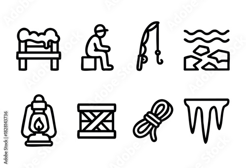 A person sits on a bench while ice fishing on a cold day by the water, surrounded by essential fishing gear, a lantern, and snow.