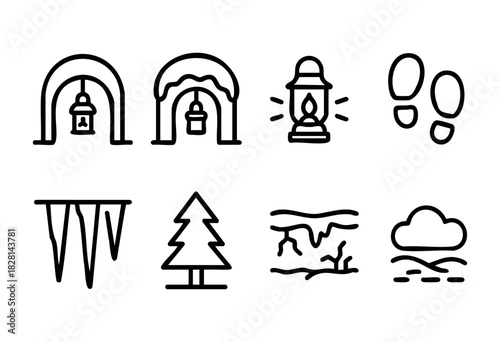Collection of winter icons including lanterns, snow-covered trees, and footprints in the snow, capturing the essence of a cold season landscape.