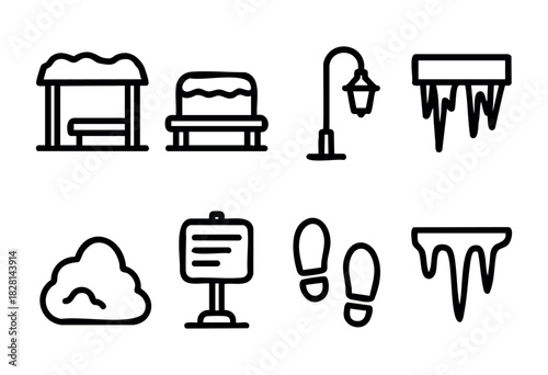 A winter scene features snow-covered benches, a street lamp, and icy structures. Footprints lead through the snow, capturing the quiet beauty of a cold day outdoors.